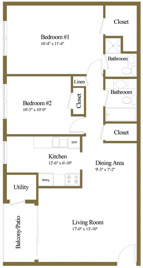 Floor plan for 2 beds, 2 baths, 798 sqft